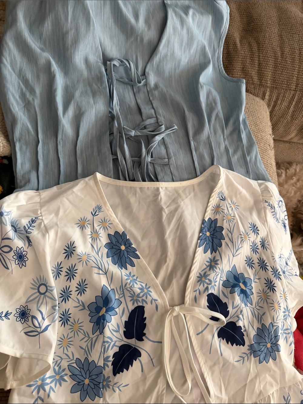 2-tops- front tie topsWhite Floral Tie-Front Blouse and light blue tie front